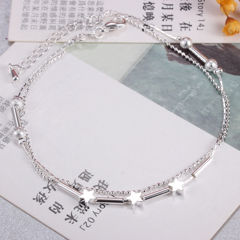 Exquisite Double Layer Five Pointed Star Bead Necklace Elegant Silver Color Bracelet Accessories Fashion Girl Party Jewelry