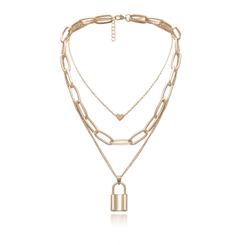 Cross-Border Jewelry Simple And Exaggerated Thick Chain Necklace Female Retro Multi-Layer Geometric Lock-Shaped Love Necklace