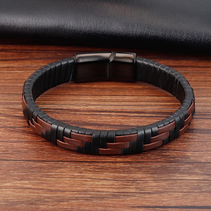 Men's Handmade Stainless Steel Bracelet 316L Black Genuine Leather Leather Bracelet Magnet Clasp Vintage Jewelry