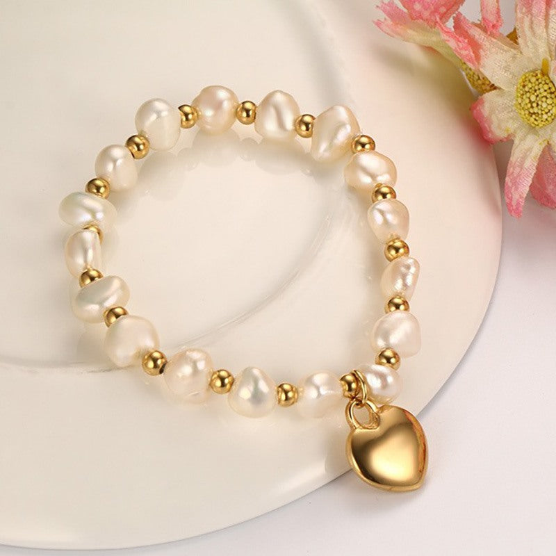 Freshwater Pearl and Titanium Steel Ball Accents Bracelet with Heart Pendant