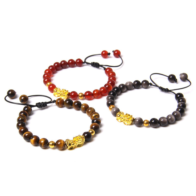 Cross-Border Hot Sale Yellow Tiger Eye Stone Brave Hand-Woven Bracelet Tiger Clear Stone Red Agate Stone Bracelet Foreign Trade Jewelry