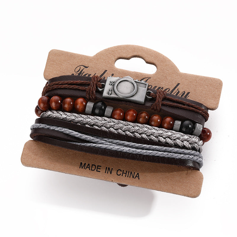 Cross-Border Ethnic Retro Style Multi-Layer Suit Hand-Woven Bracelet Leather Camera Men's Bracelet Can Be Pulled