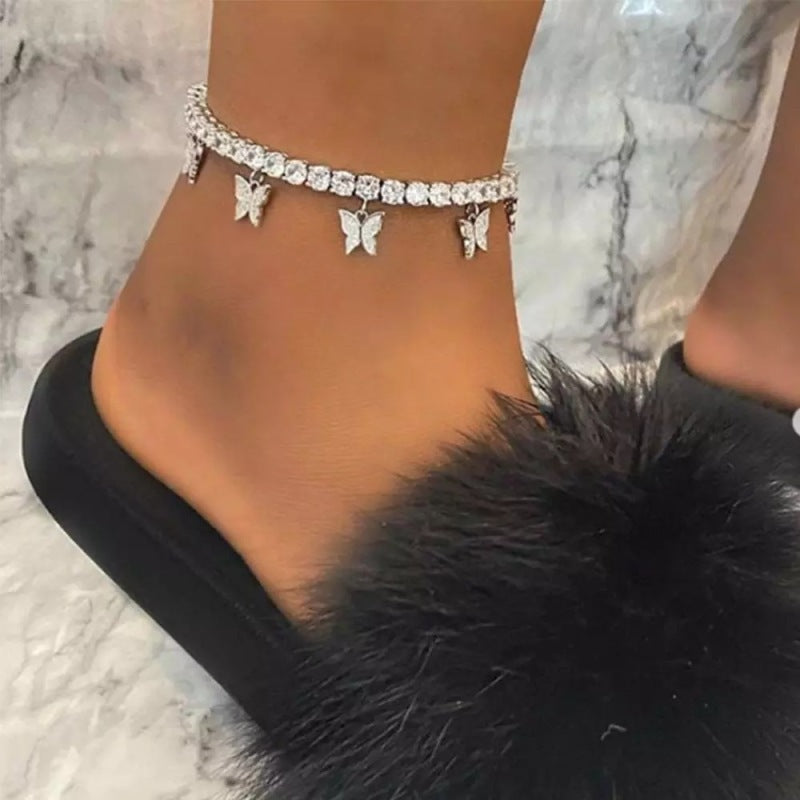 European And American Cross-border Hot Sale Small Butterfly Diamond Anklet Simple Temperament Claw Chain Tassel Foot Decoration Fashion Beach Jewelry