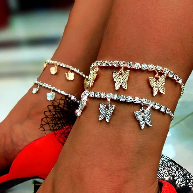 European And American Cross-border Hot Sale Small Butterfly Diamond Anklet Simple Temperament Claw Chain Tassel Foot Decoration Fashion Beach Jewelry