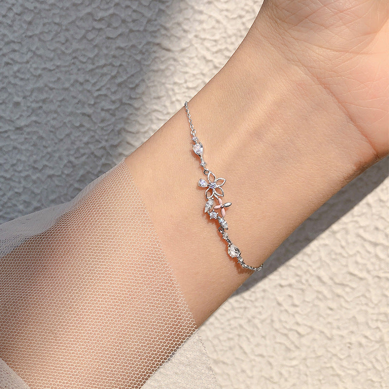 Fashion Korean 925 Sterling Silver Link Chain Crystal Flower Charm Bracelet &Bangle For Women Wedding Jewelry SL113