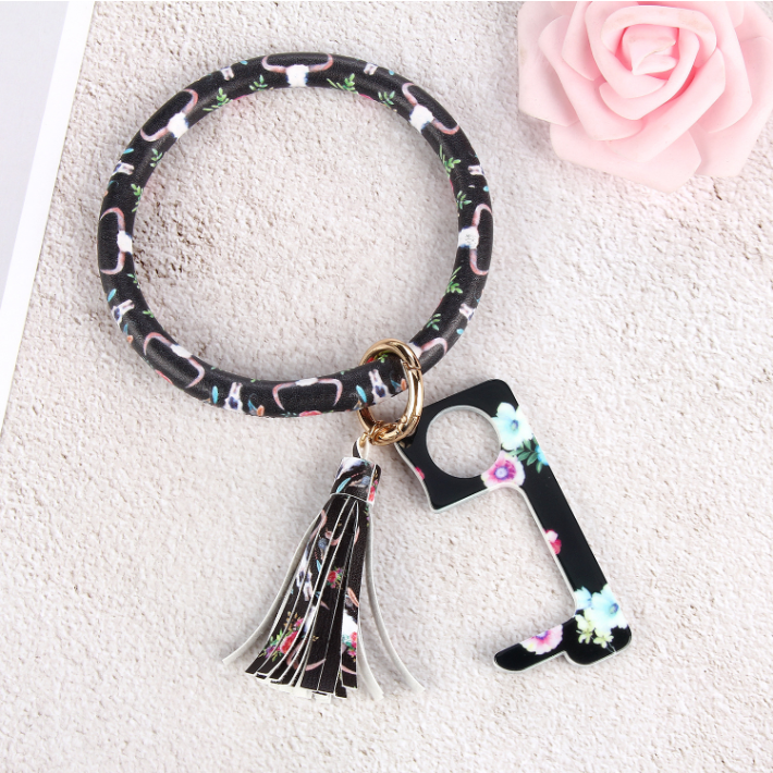 Fashion New Jewelry Flower PU Leather Leopard Keychain Bracelet Portable Door Opener Women Bracelets Bangles Keyring Party Gifts