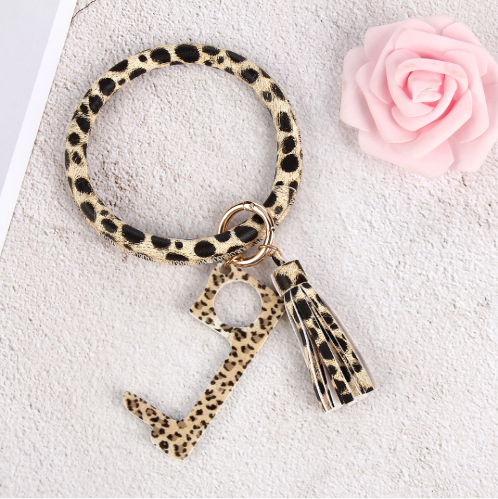 Fashion New Jewelry Flower PU Leather Leopard Keychain Bracelet Portable Door Opener Women Bracelets Bangles Keyring Party Gifts