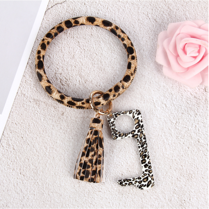 Fashion New Jewelry Flower PU Leather Leopard Keychain Bracelet Portable Door Opener Women Bracelets Bangles Keyring Party Gifts