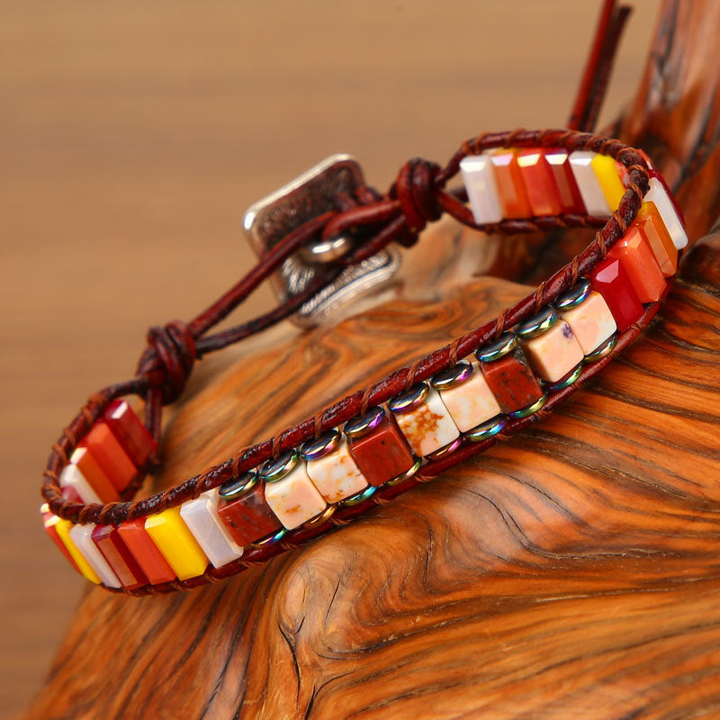 Chakra Bracelet Jewelry Handmade Multi Color Natural Stone Tube Beads Leather Wrap Bracelet Couples Bracelets Creative Gift