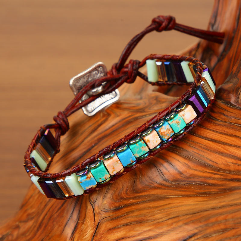 Chakra Bracelet Jewelry Handmade Multi Color Natural Stone Tube Beads Leather Wrap Bracelet Couples Bracelets Creative Gift