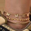 Women's Chain, Butterfly & Heart Multi-Layer Anklet Set