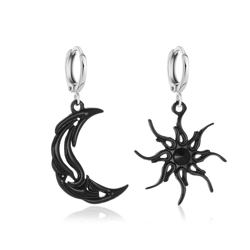 Cross-Border New Simple Sun And Moon Earrings Personality Asymmetry Abstract Style Earrings Pendant Short Hollow Star And Moon Ear Buckle