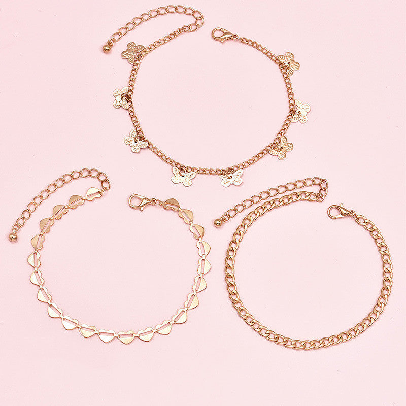 Women's Chain, Butterfly & Heart Multi-Layer Anklet Set