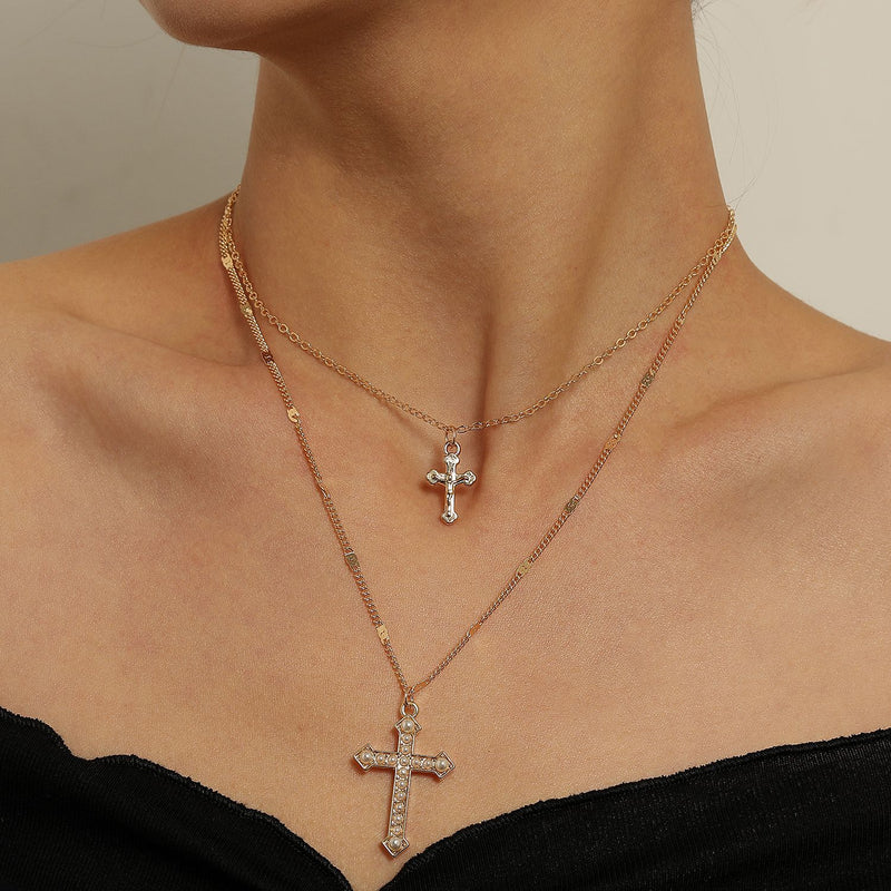 Large And Small Double-Layer Pearl Cross Pendant Necklace, Ladies' Simple Temperament Trendy Necklace