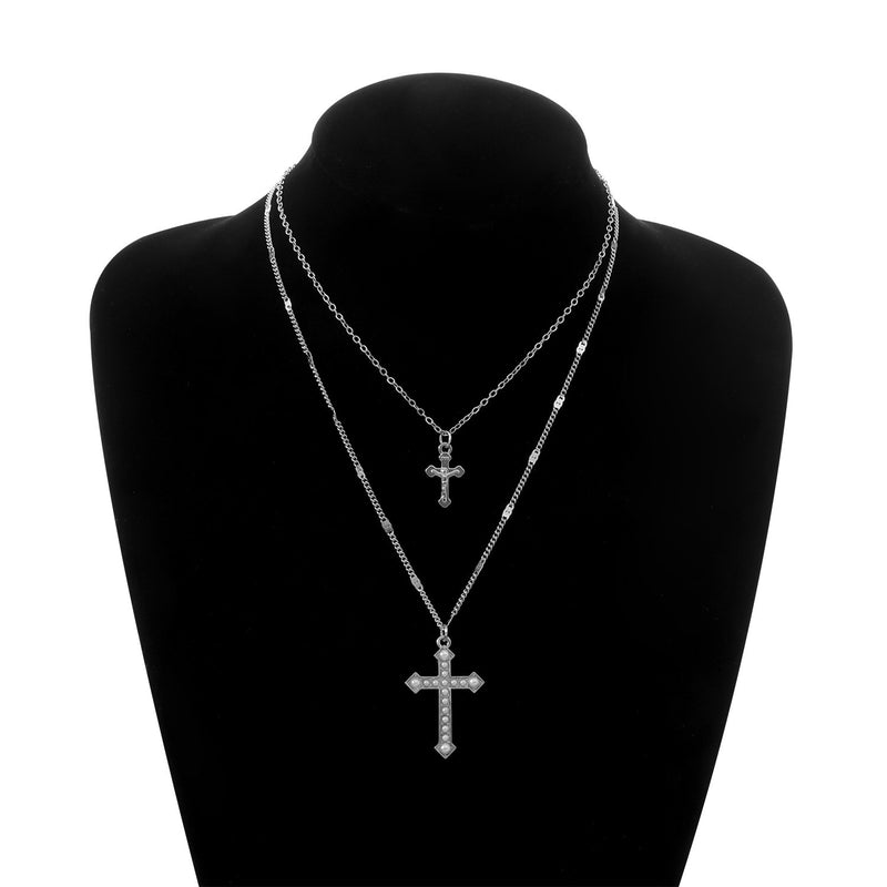 Large And Small Double-Layer Pearl Cross Pendant Necklace, Ladies' Simple Temperament Trendy Necklace