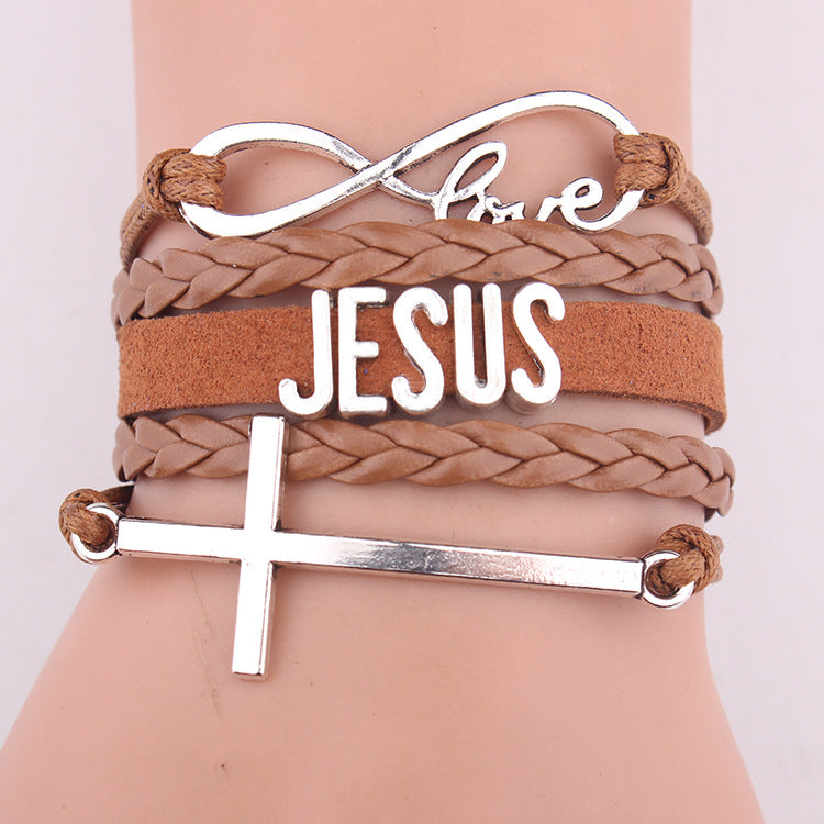 European And American Hot-Selling Friendship Men And Women Multi-Layer Leather Cord Bracelet Cross Bracelet Fashion Jesus Letter Bracelet
