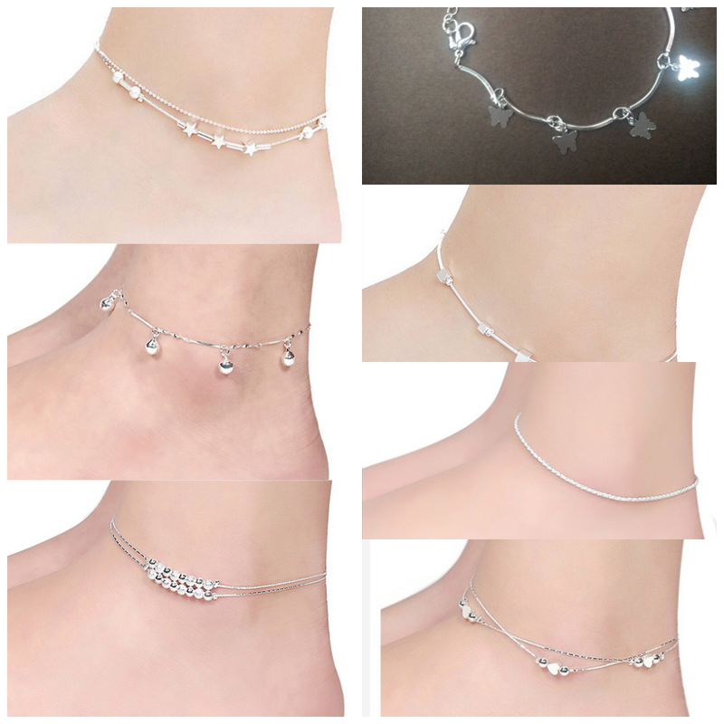Silver Anklet Peach Heart Anklet Bell Pentagram Square Round Bead Butterfly Anklet