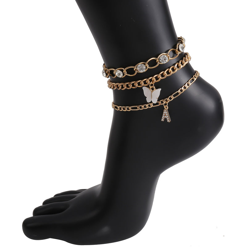 Letter Butterfly Anklet With Diamond Chain