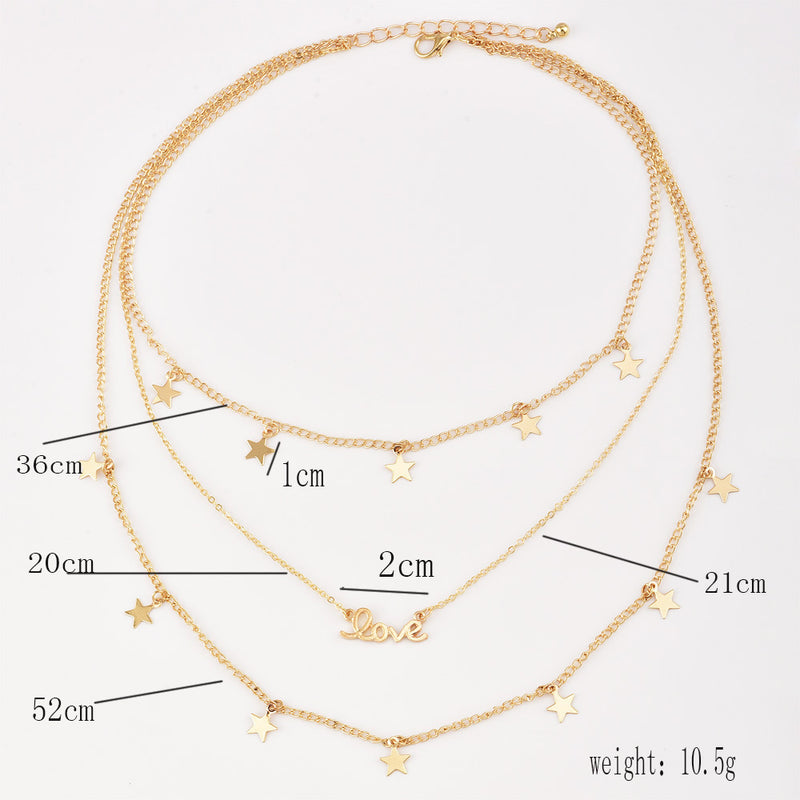 Bohemian Fashion Style Five-Pointed Star Love Letter Female Multi-Layer Necklace