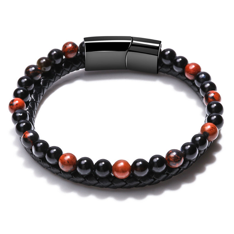 Fashion Mixed Color Natural Volcanic Stone Bracelet Real Cowhide Woven Men's Bracelet