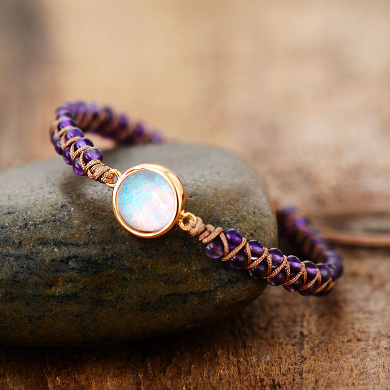 Natural Amethysts Opal Braided Bohemian Stone Wrap Bracelet
