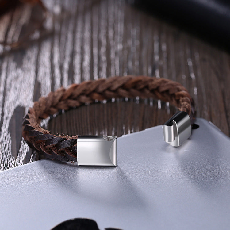 Men's Cowhide Bracelet Titanium Steel Magnetic Buckle Patent Design Woven Bracelet Denim Bracelet