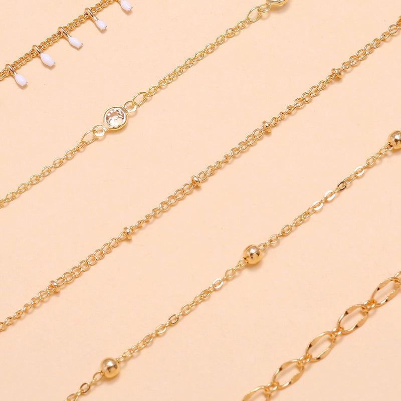 Simple Summer Beach White Oil Drop Crystal Bead Chain Five-piece Multi-layer Anklet Set of 5