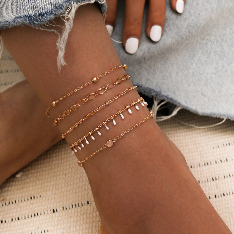 Simple Summer Beach White Oil Drop Crystal Bead Chain Five-piece Multi-layer Anklet Set of 5