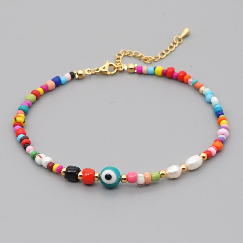 Bohemian Ethnic Rainbow Rice Bead Pearl Anklet