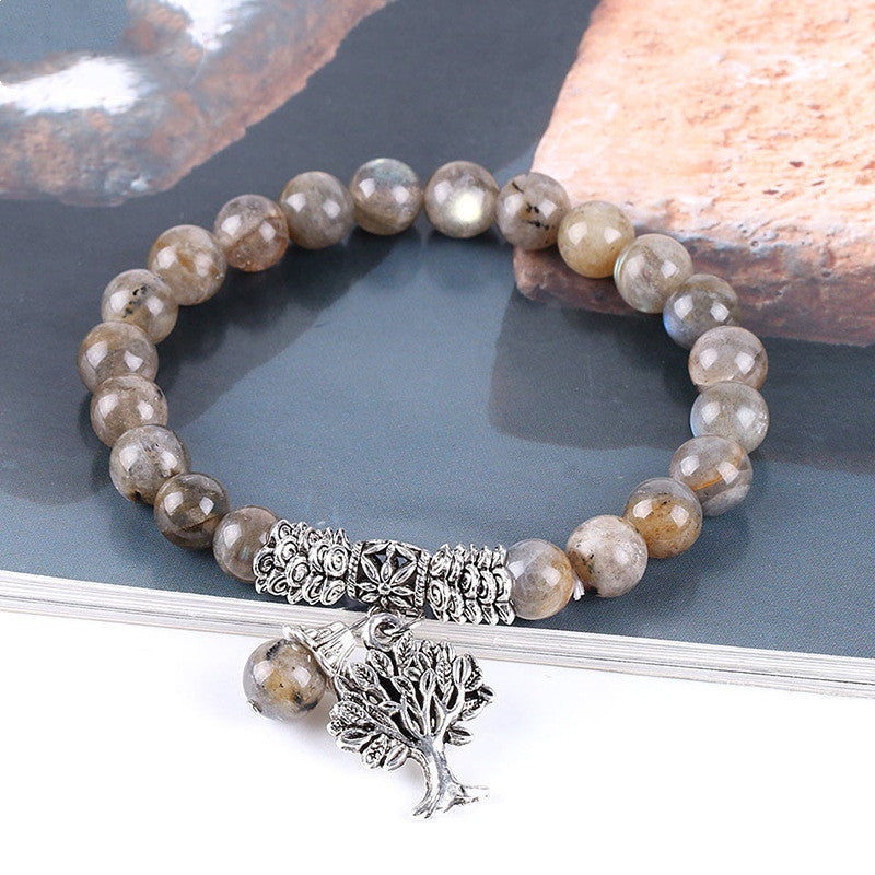 Natural Labradorite Glitter Stone Elastic Beaded Bracelet