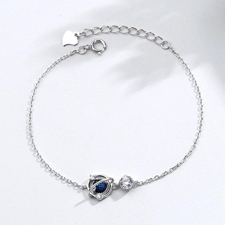 Silver Color Jewelry Dream Blue Zircon Universe Planet Star Charm Bracelet Cabochon Link Chain For Women