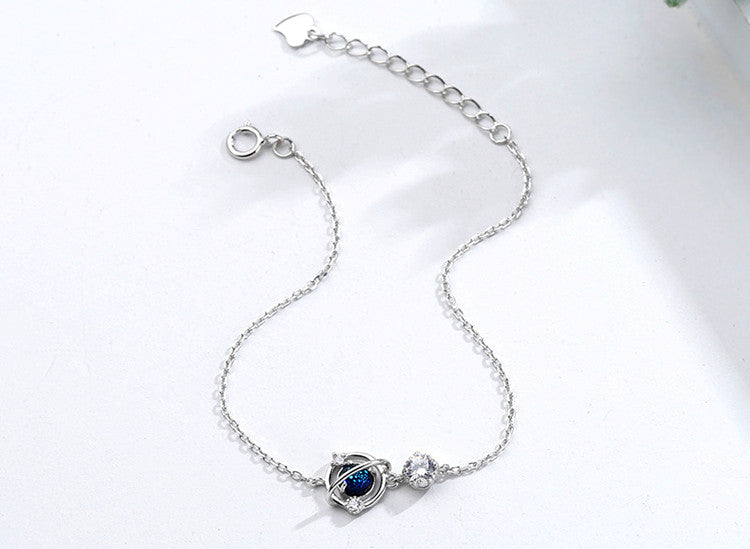 Silver Color Jewelry Dream Blue Zircon Universe Planet Star Charm Bracelet Cabochon Link Chain For Women