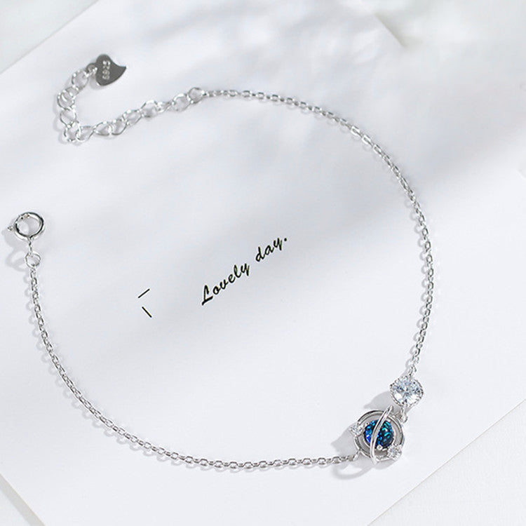 Silver Color Jewelry Dream Blue Zircon Universe Planet Star Charm Bracelet Cabochon Link Chain For Women