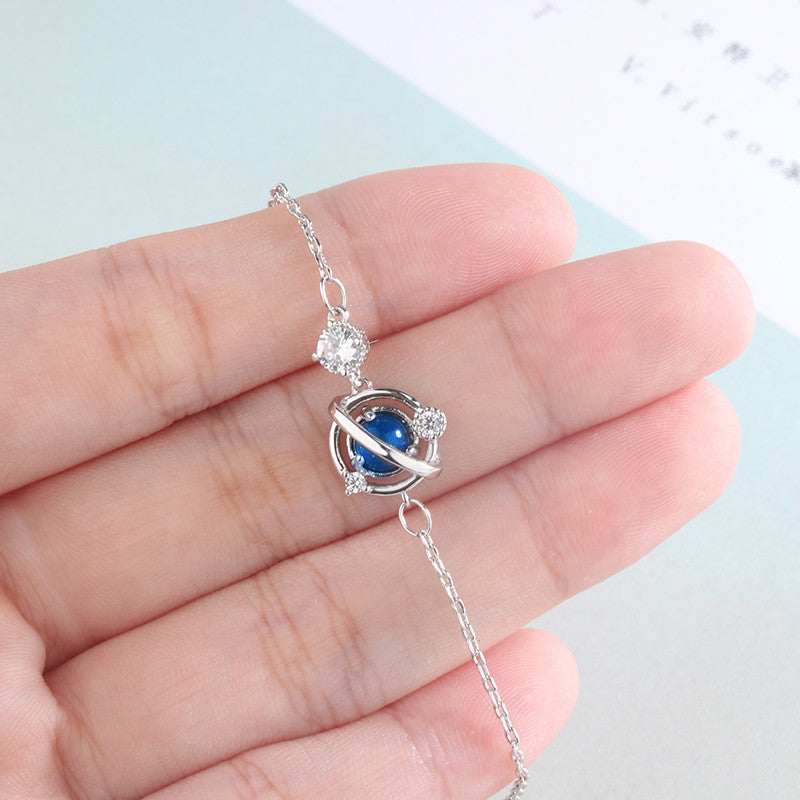 Silver Color Jewelry Dream Blue Zircon Universe Planet Star Charm Bracelet Cabochon Link Chain For Women