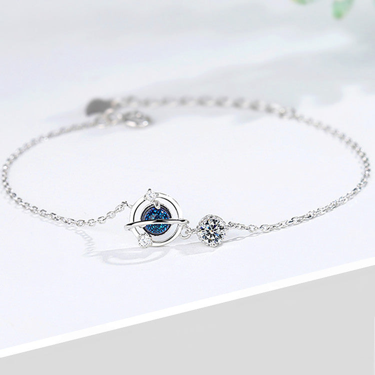 Silver Color Jewelry Dream Blue Zircon Universe Planet Star Charm Bracelet Cabochon Link Chain For Women