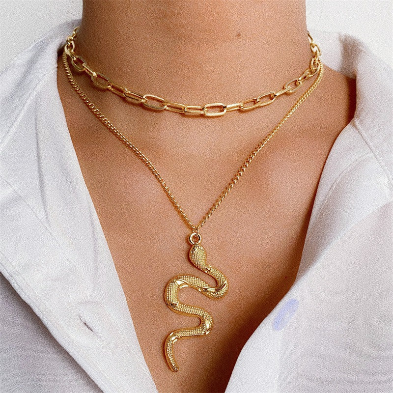 Simple Alloy Double Chain Snake Pendant Necklace