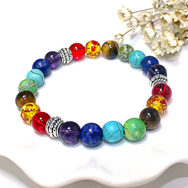 Blue Turquoise, Tiger Eye, Agate & Volcanic Stone Seven Chakras Bracelet