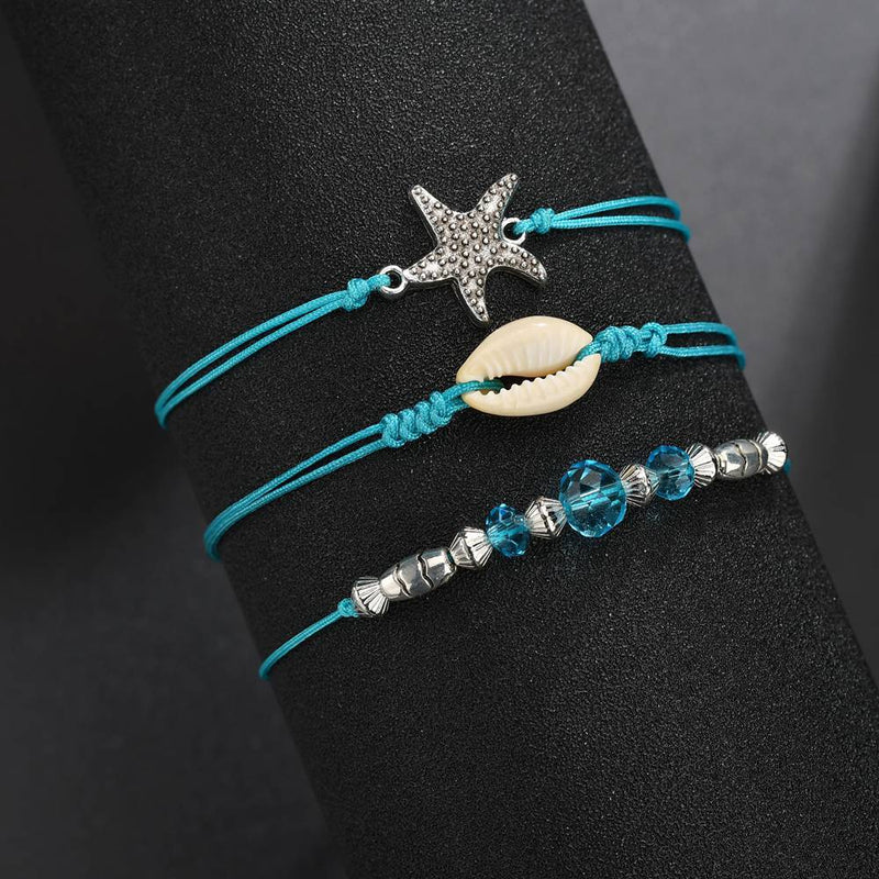European And American Bohemian Starfish Shell Blue Bead Anklet Set