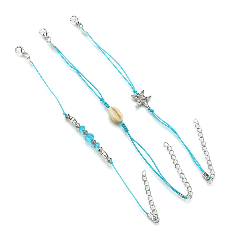 European And American Bohemian Starfish Shell Blue Bead Anklet Set