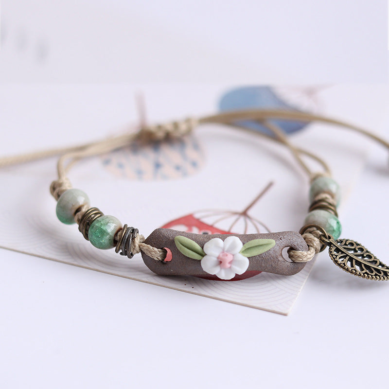 Crumpled Chrysanthemum Bracelet With Flower Heart Stone, Scenic Souvenir Ceramic Jewelry, Woven Jewelry Store Merchandise