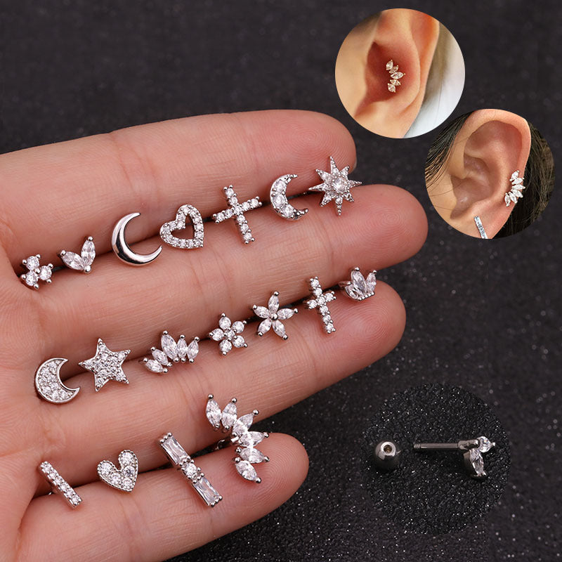 Stone Crown Earrings Bone Nails Screw Screw Ball Fashion Earrings
