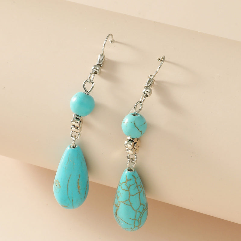 New Tibetan Silver Earrings Ethnic Style Jewelry Retro Turquoise Earrings Drop Shaped Blue Earrings Wholesale