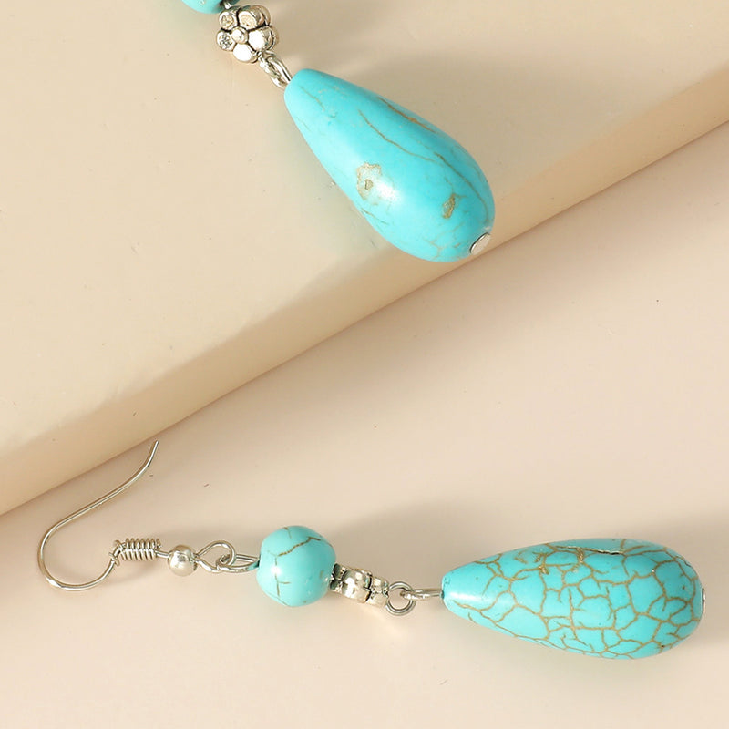 New Tibetan Silver Earrings Ethnic Style Jewelry Retro Turquoise Earrings Drop Shaped Blue Earrings Wholesale