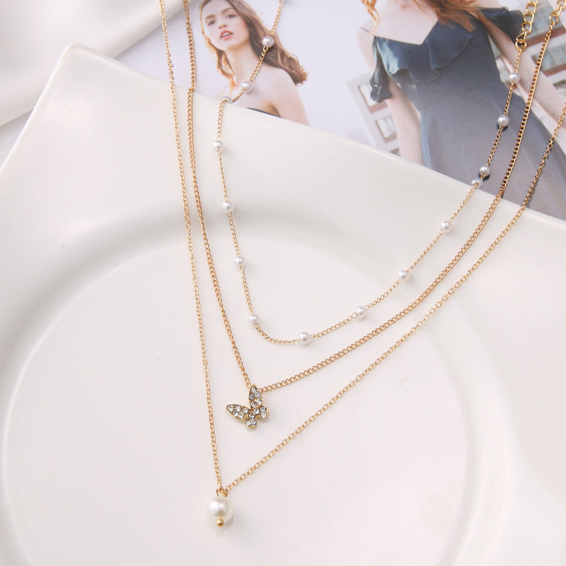 Korean Version Of Ins Net Red Same Paragraph Multi-Layer Pearl Jewelry Necklace Butterfly Necklace Set Female