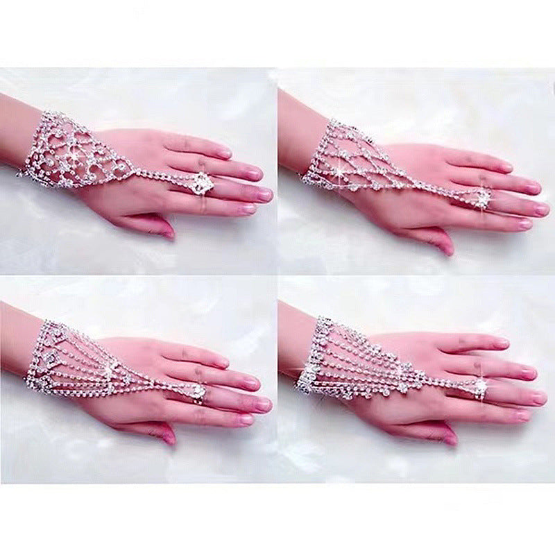 Bridal Jewelry, Full Diamond Bracelet, Ring, One Chain On The Back Of The Hand