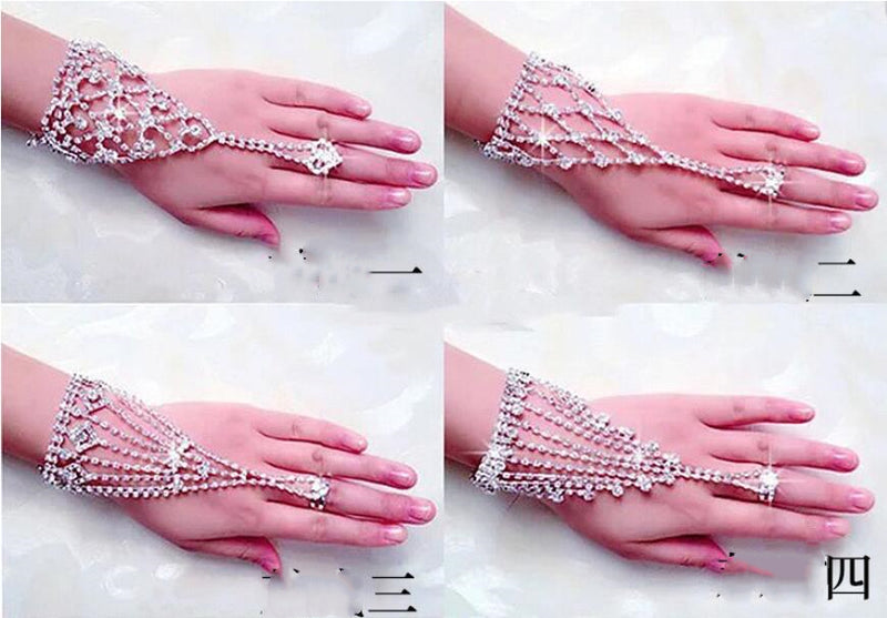 Bridal Jewelry, Full Diamond Bracelet, Ring, One Chain On The Back Of The Hand