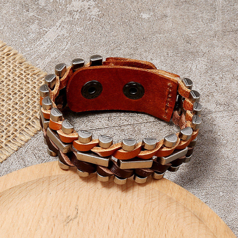 Vintage Cowhide Bracelet Wrap Bracelet Adjustable Metal Inlaid Snap Clasp