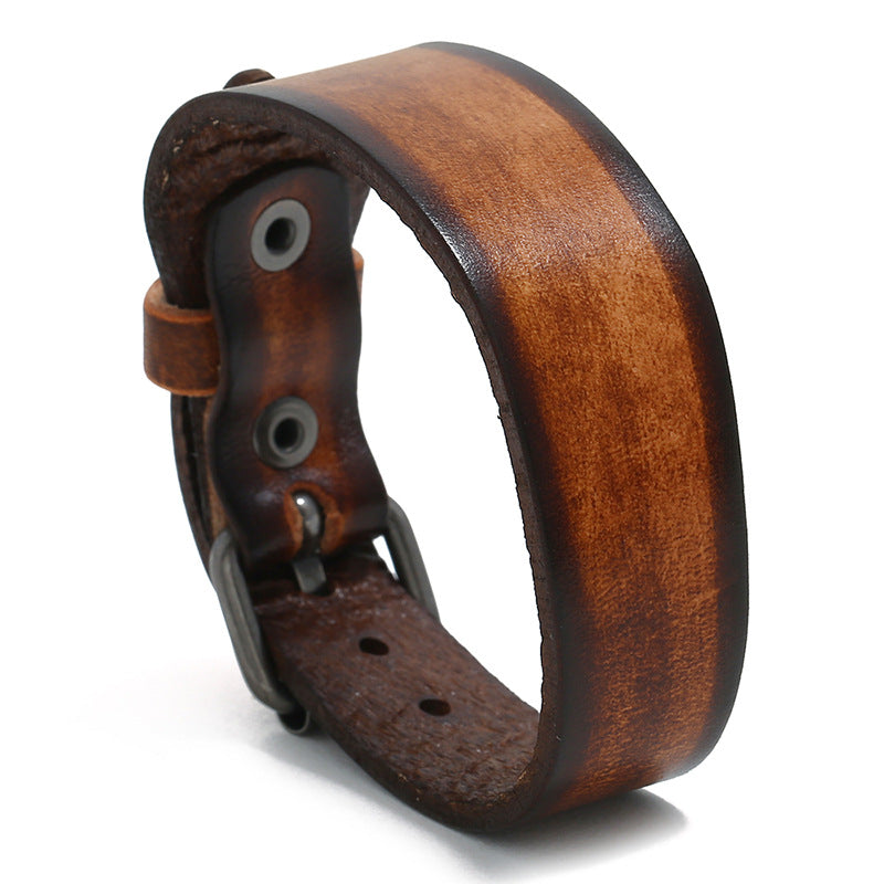 Retro Vintage Wrap Buckle Genuine Leather Bracelet Adjustable Men Wide Belt Wristband Bangles Jewelry