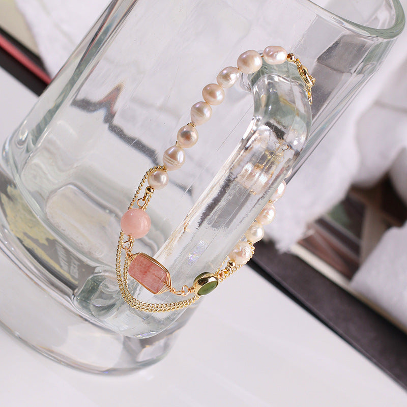 Natural Freshwater Pearl Strawberry Crystal Gemstone Bracelet