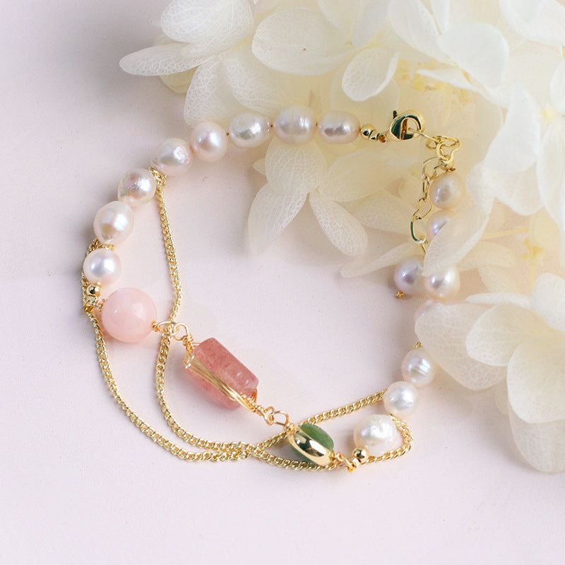 Natural Freshwater Pearl Strawberry Crystal Gemstone Bracelet